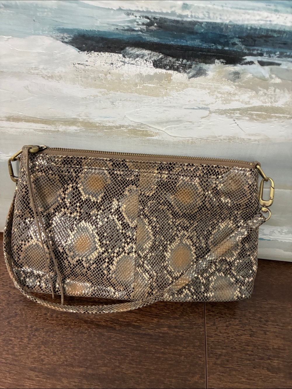HOBO Gold and Brown Snake-Print Wristlet Clutch